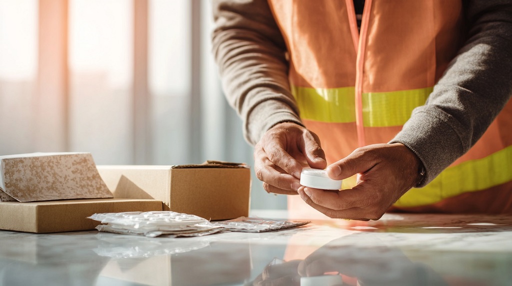 Worker inspecting returned product and packaging for condition and resale readiness