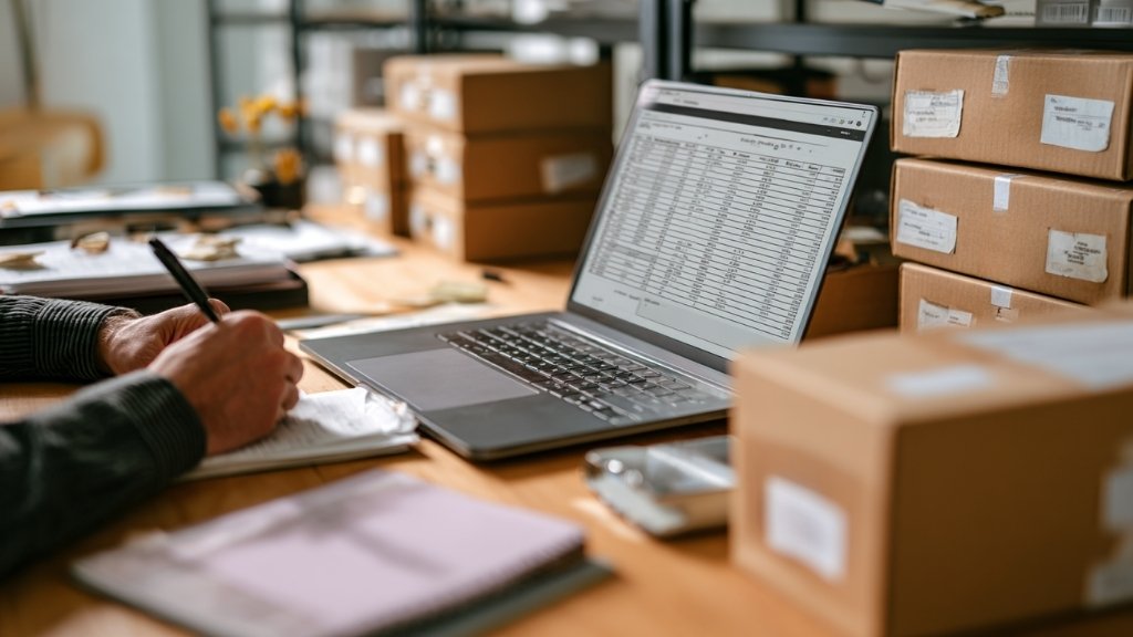 Desk with laptop showing inventory spreadsheet surrounded by boxes symbolizing return tracking