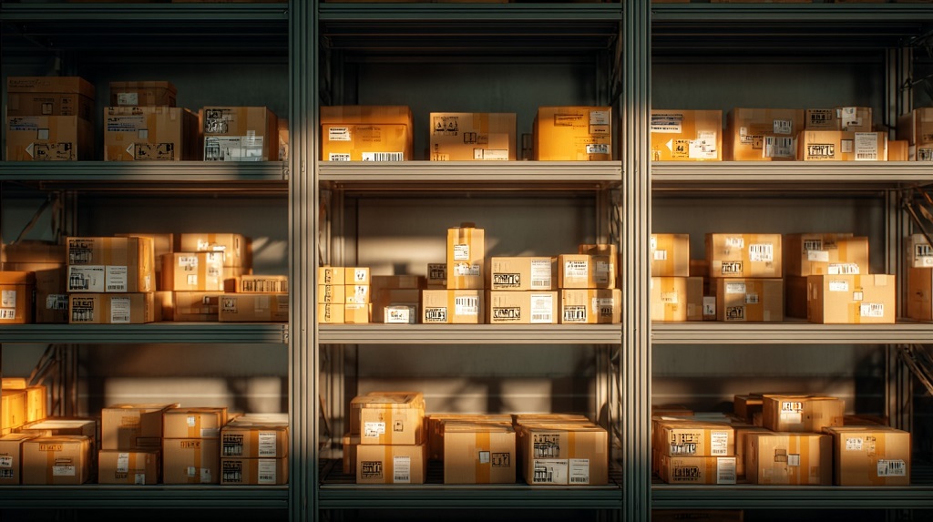 Warehouse shelves filled with sorted boxes awaiting bulk removal or reprocessing